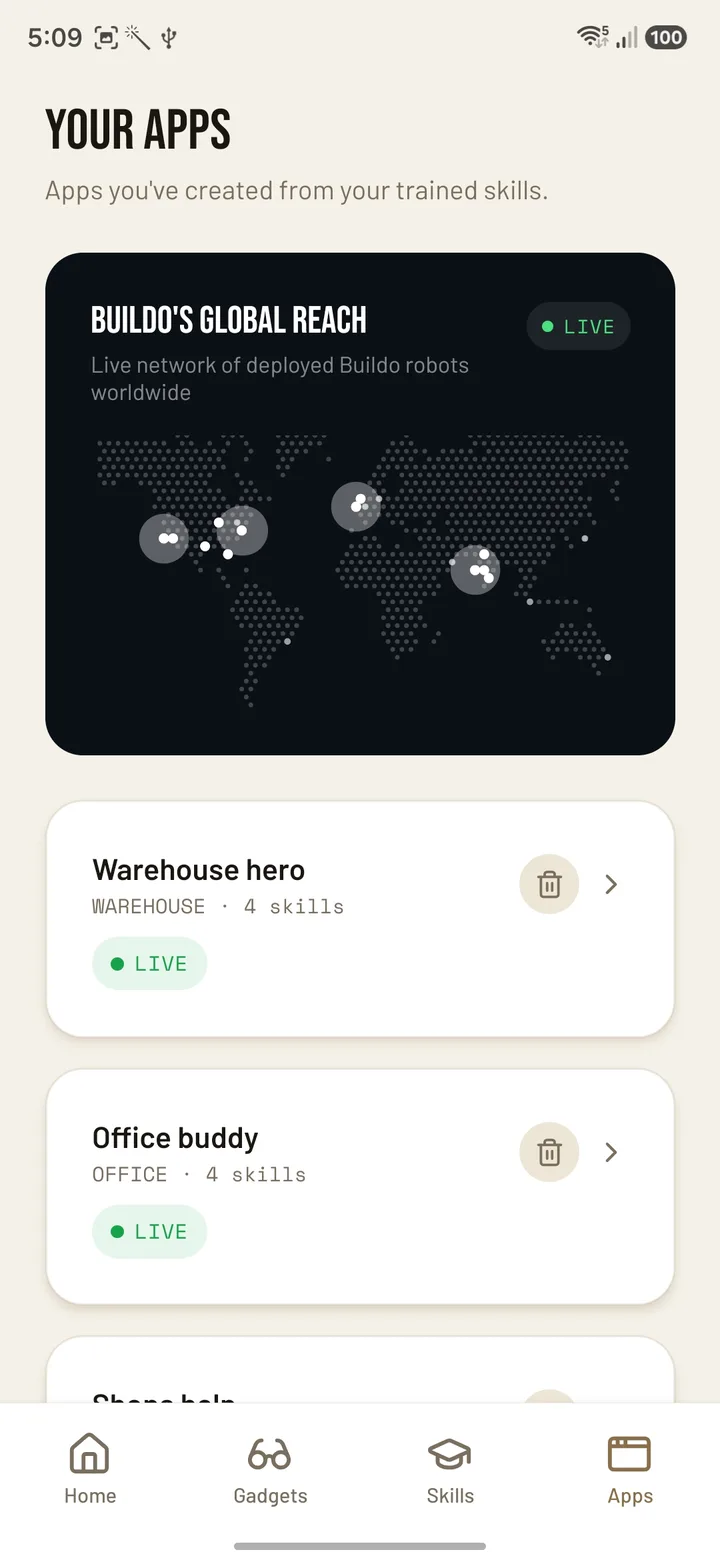 Buildo Creators app screen showing the Creator’s live apps and a map of Buildo robots worldwide