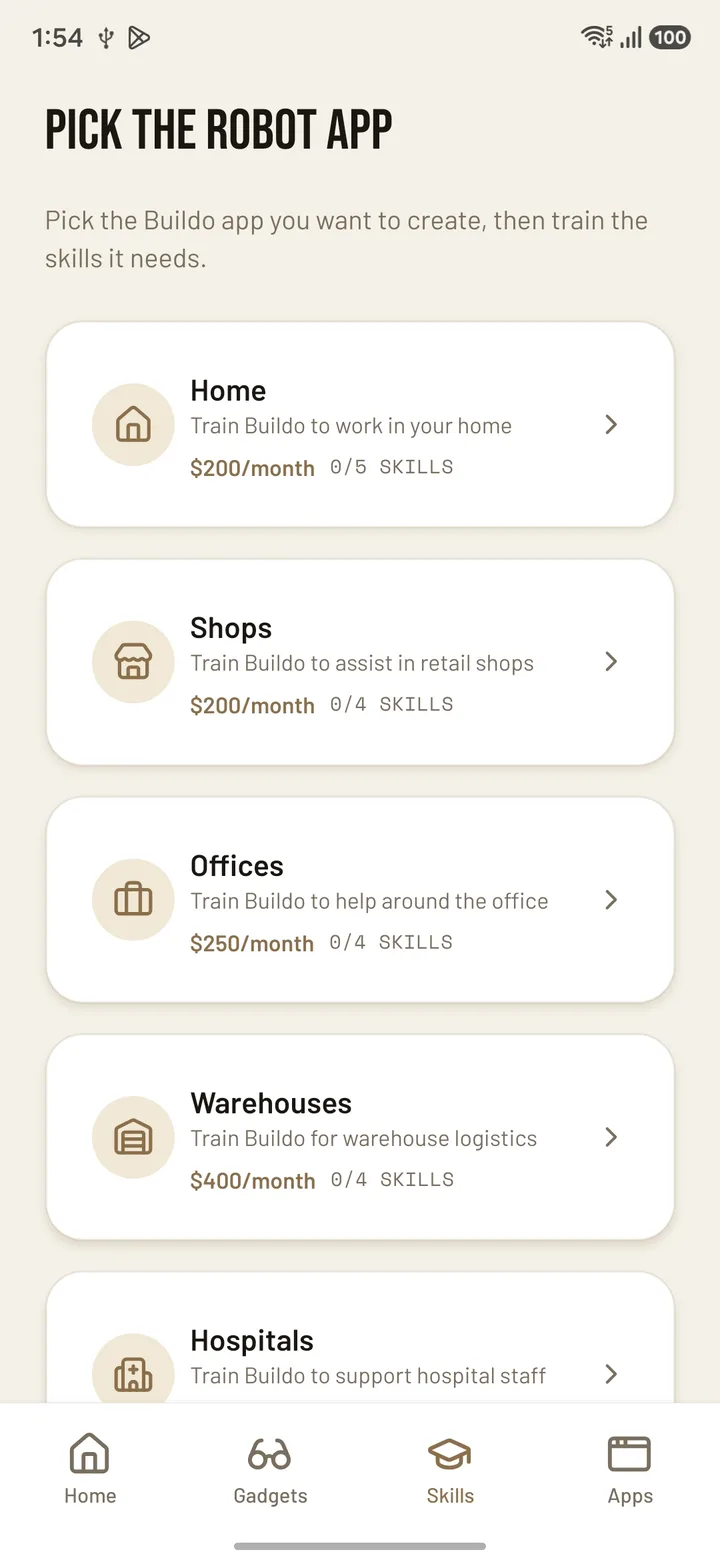 Buildo Creators app screen listing robot apps to build: Home, Shops, Offices, Warehouses and Hospitals