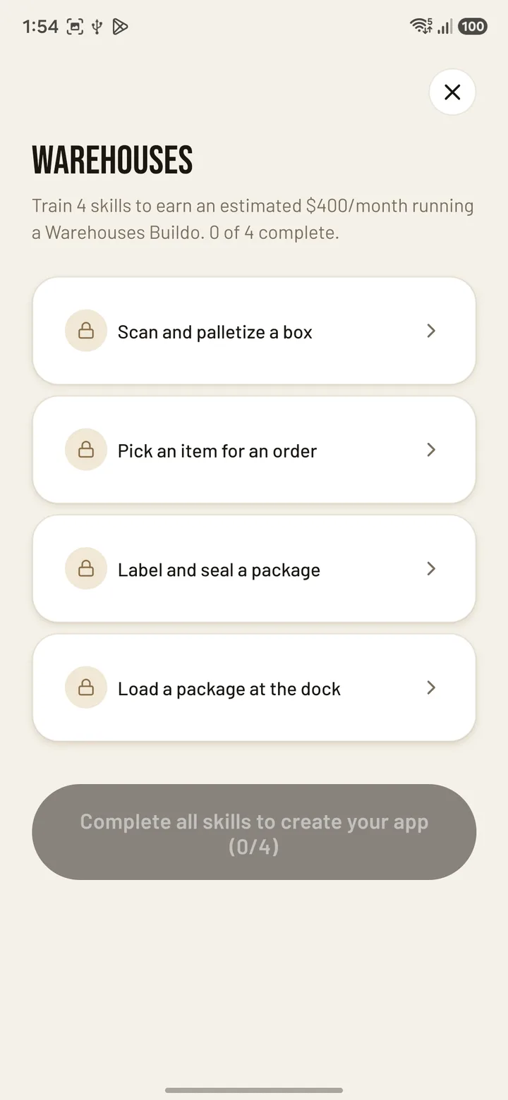 Buildo Creators app screen showing the four skills needed for a Warehouses app